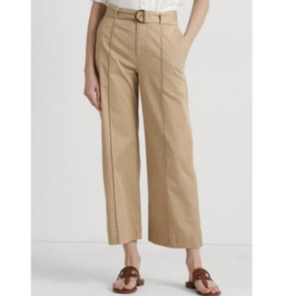 Lauren Ralph Lauren Belted Twill‎ Wide Leg Pants Tan 12 Preppy Minimalist NWT